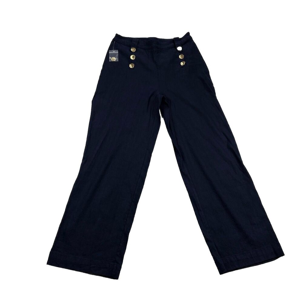 H By Halston Pants Linen Blend Gold Shells Womens 8 Dark Blue Wide Leg NWOT